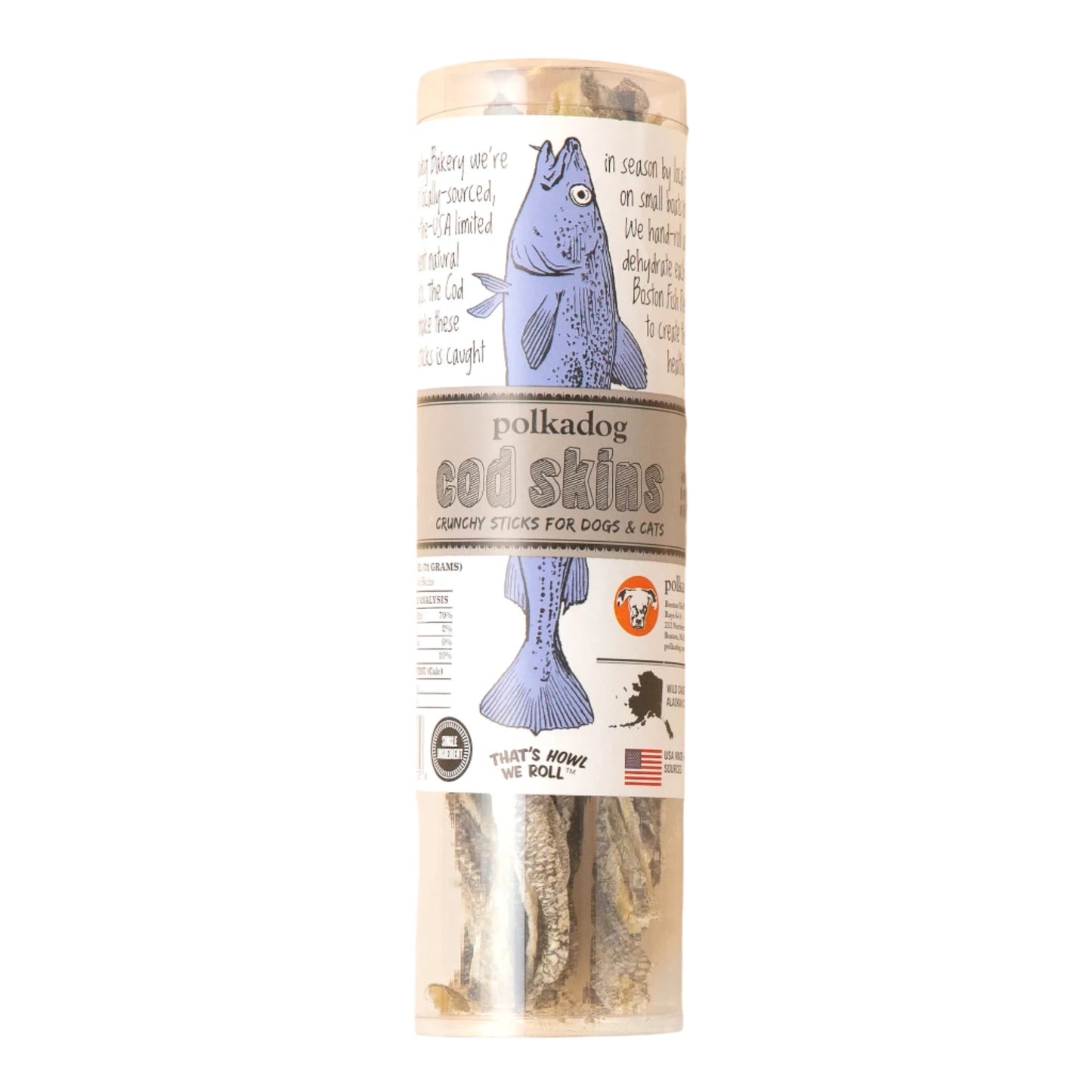 Polkadog Farm Cod Skins packaging on a beige background