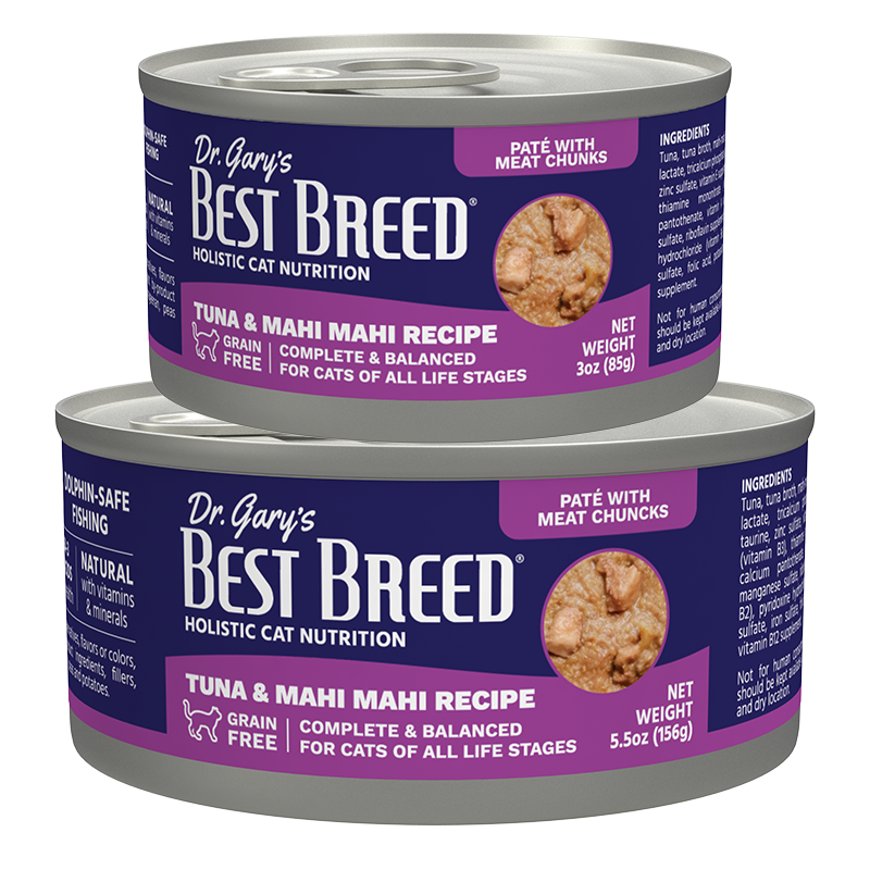 Two cans of Dr. Gary's Best Breed cat food on a white background