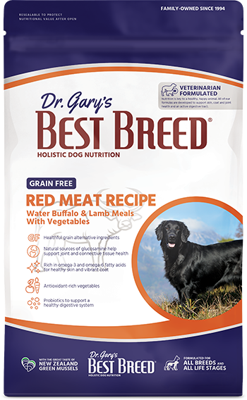 Dr. Gary's Best Breed dog food package with a black dog on the label.