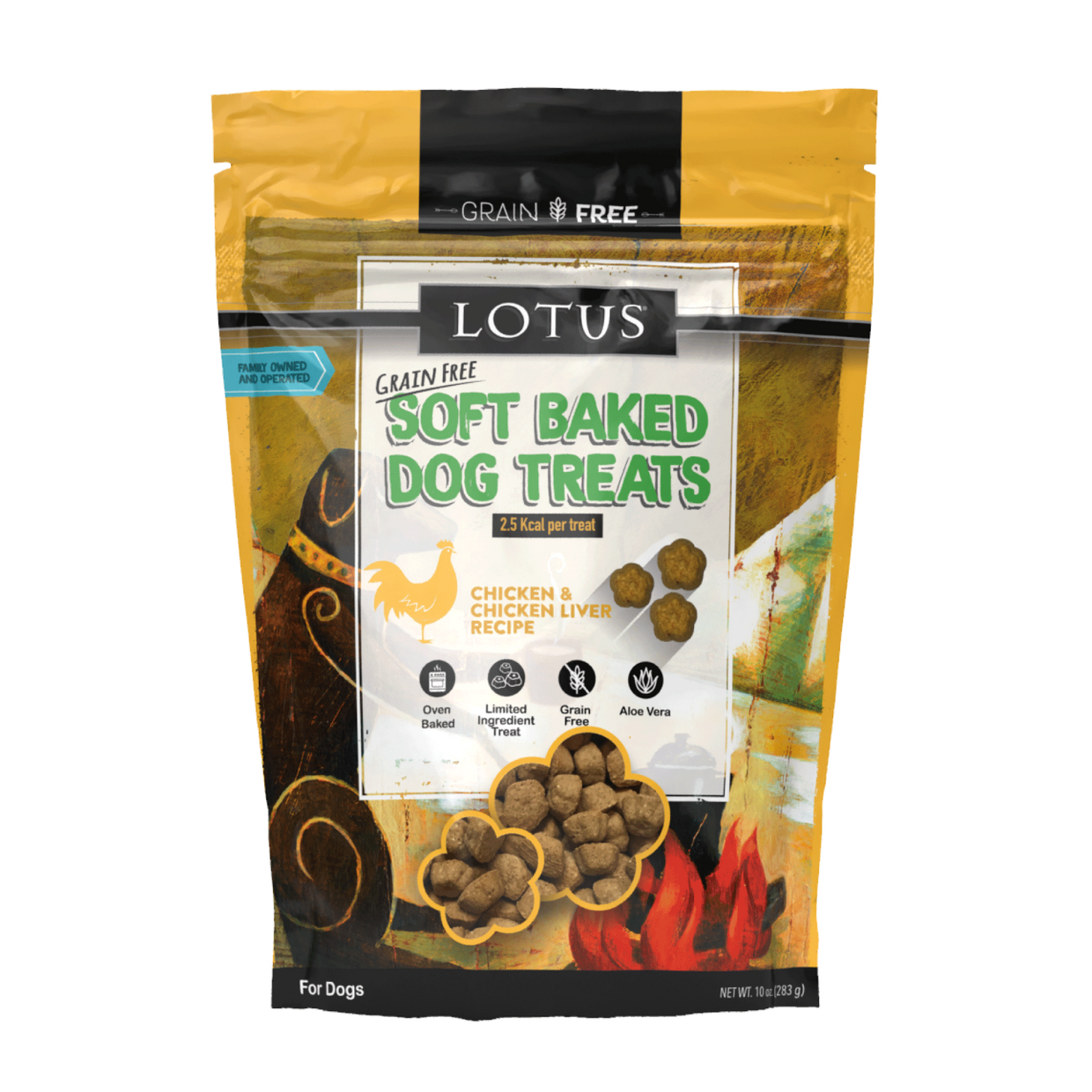 Package of Lotus grain-free soft baked dog treats on a white background