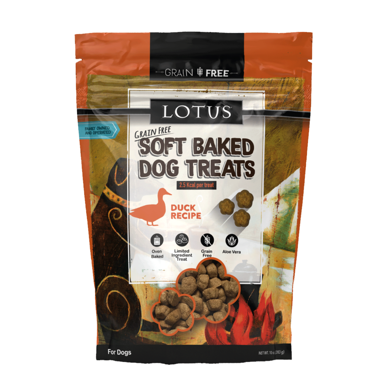 Package of Lotus Soft Baked Dog Treats with duck recipe on a white background