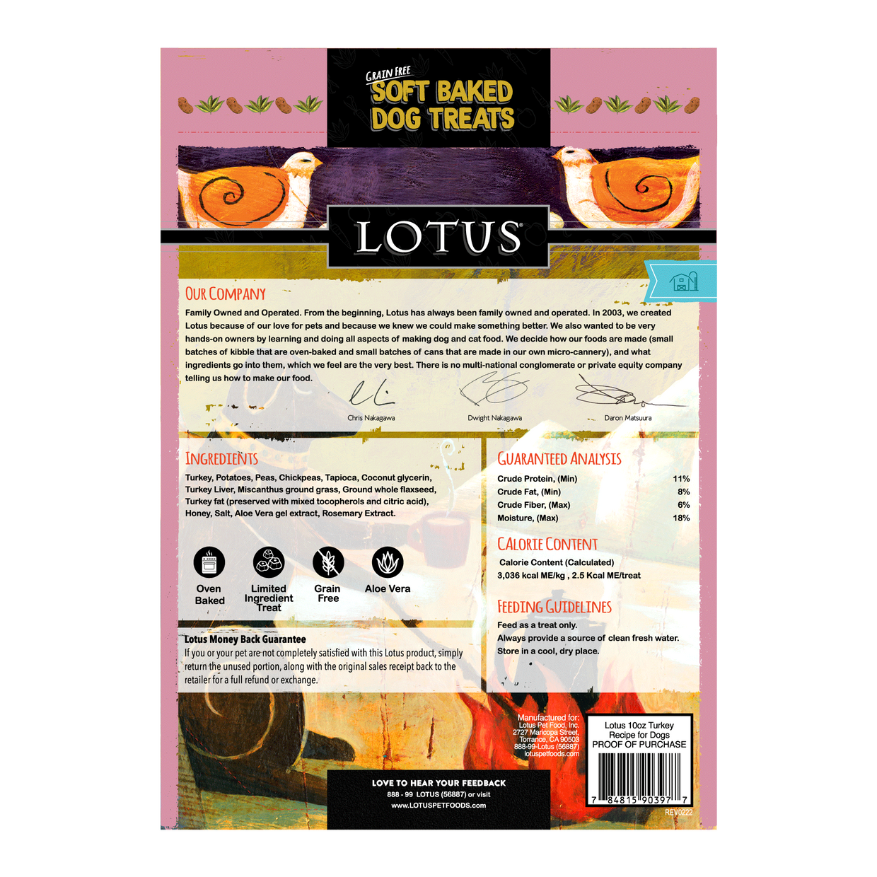 Back of a Lotus soft baked dog treats package with text and graphics.