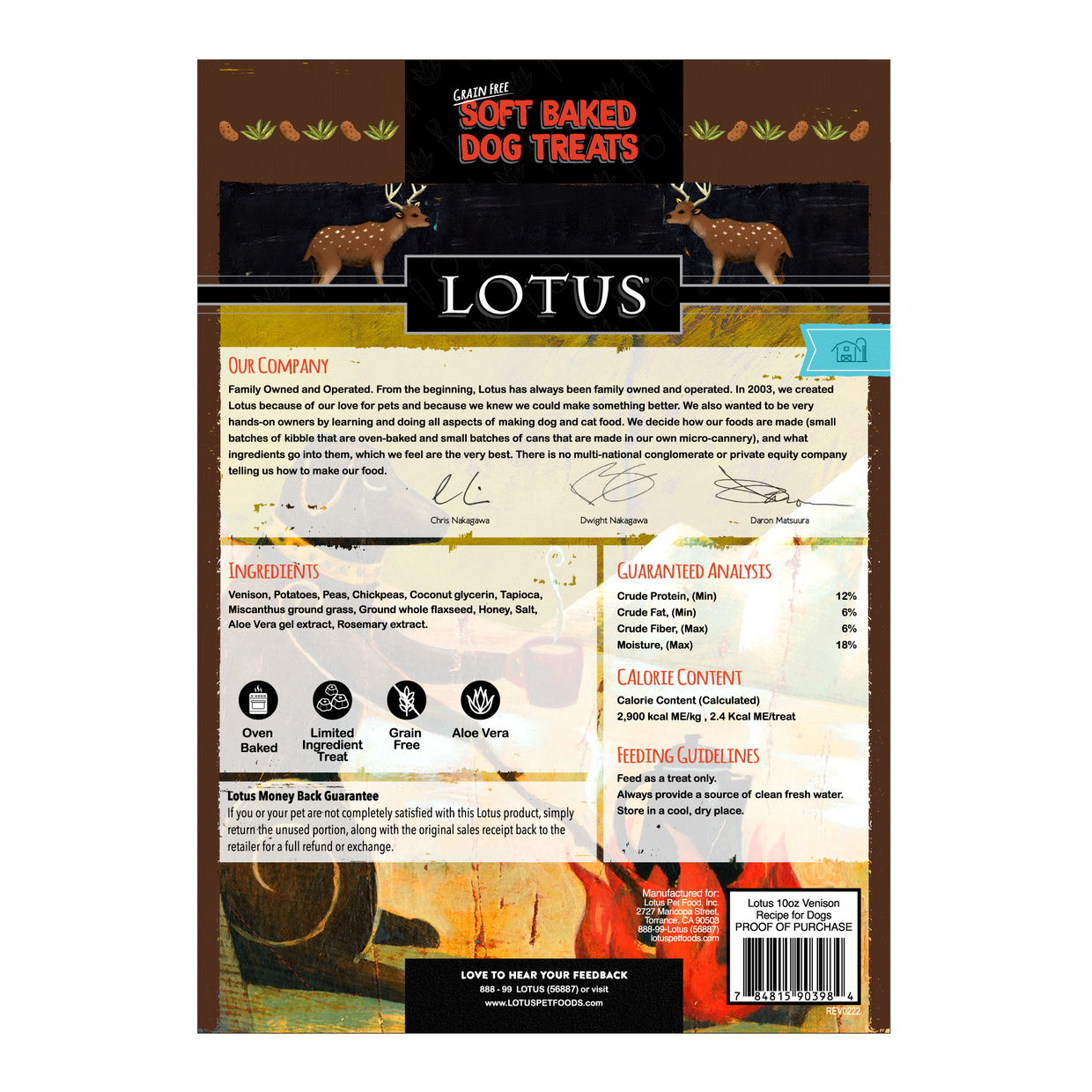 Back of a Lotus soft baked dog treats package with text and graphics.