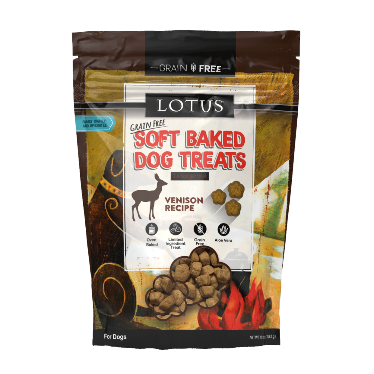 Package of Lotus Soft Baked Dog Treats with venison recipe on a white background