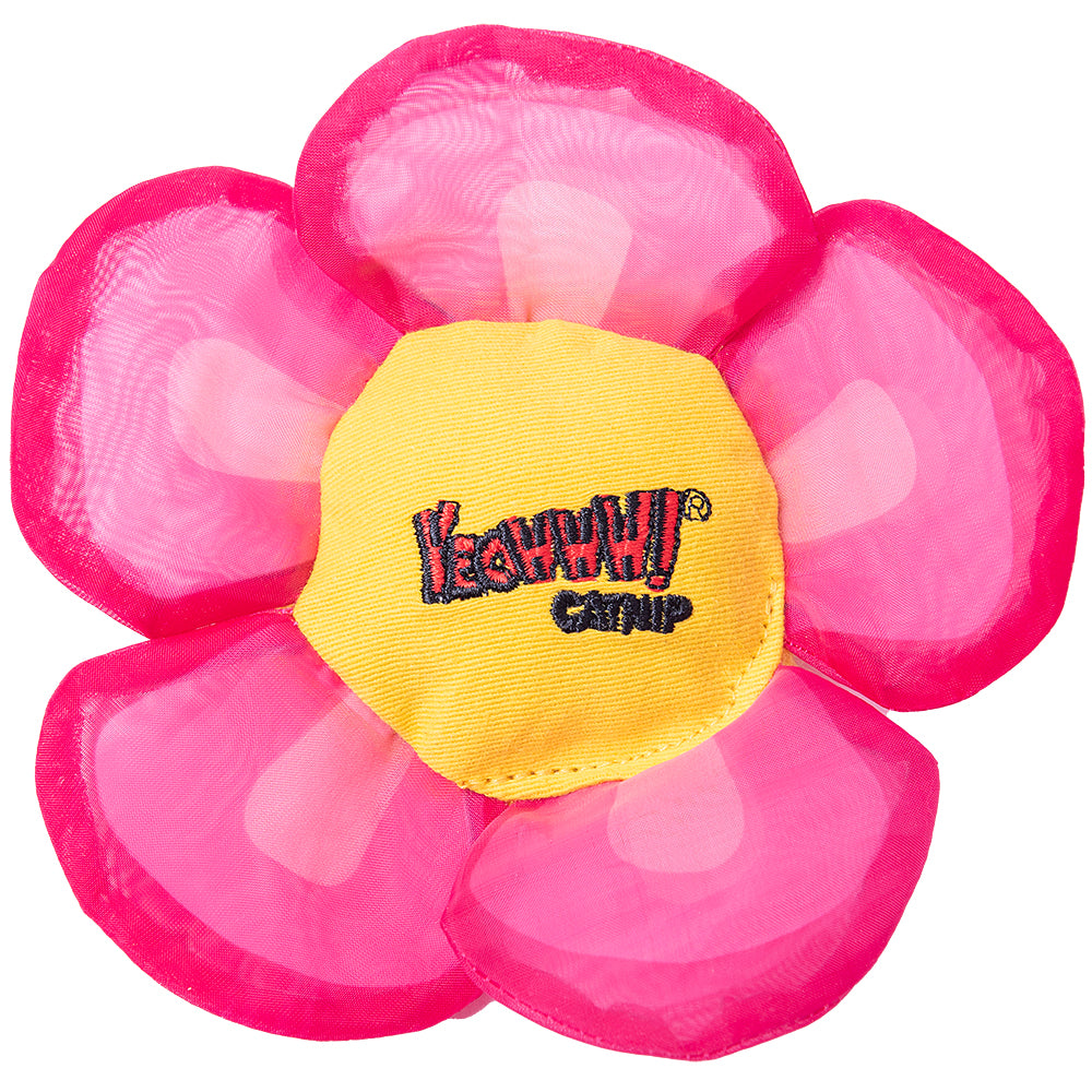 Pink flower-shaped catnip toy with a yellow center on a white background