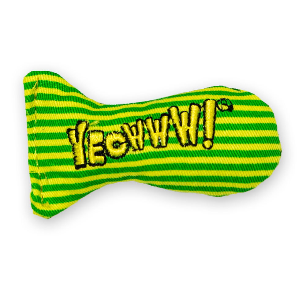 Green and yellow striped dog toy with 'YEOWWW!' text on a white background