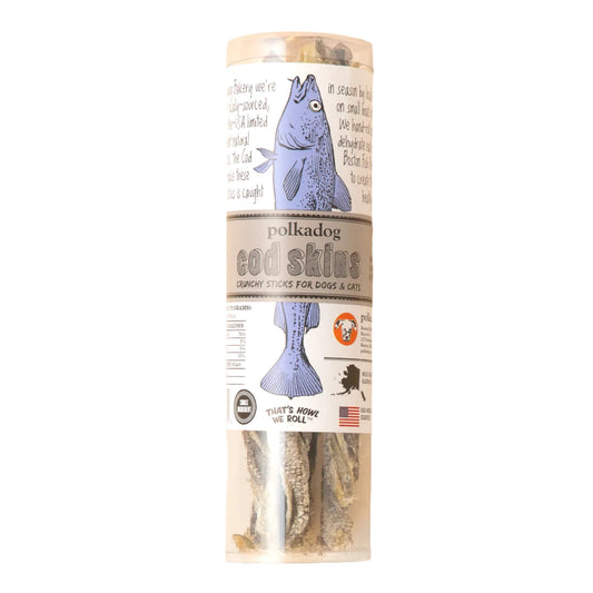 Polkadog Farm Cod Skins packaging on a beige background