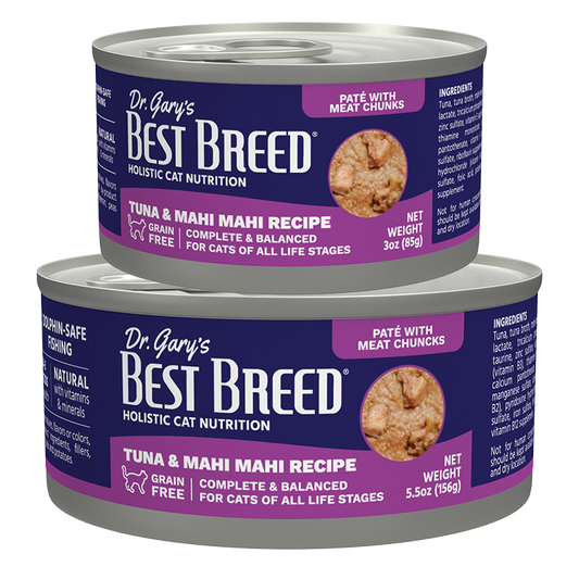 Two cans of Dr. Gary's Best Breed cat food on a white background