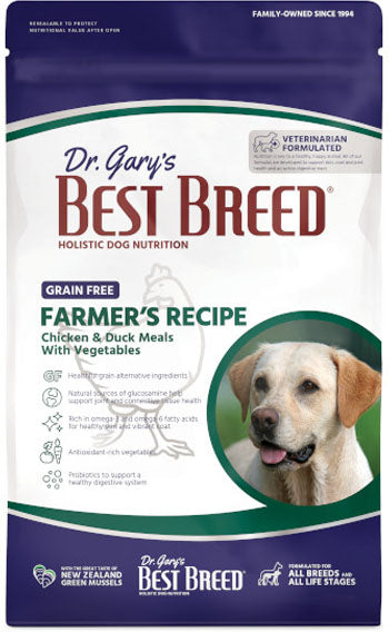 Dr. Gary's Best Breed Farmer's Recipe dog food package with a dog on the label.