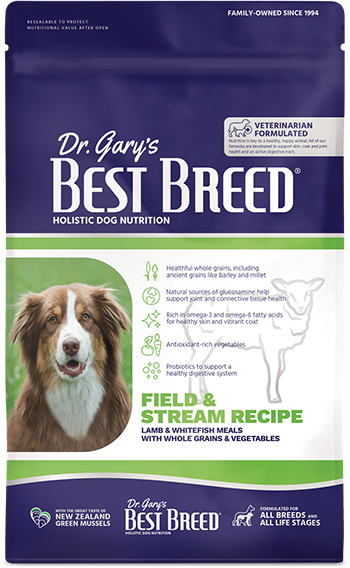 Dr. Gary's Best Breed dog food package with a dog on the front