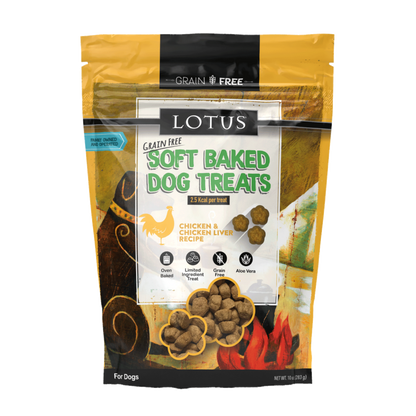 Package of Lotus grain-free soft baked dog treats on a white background