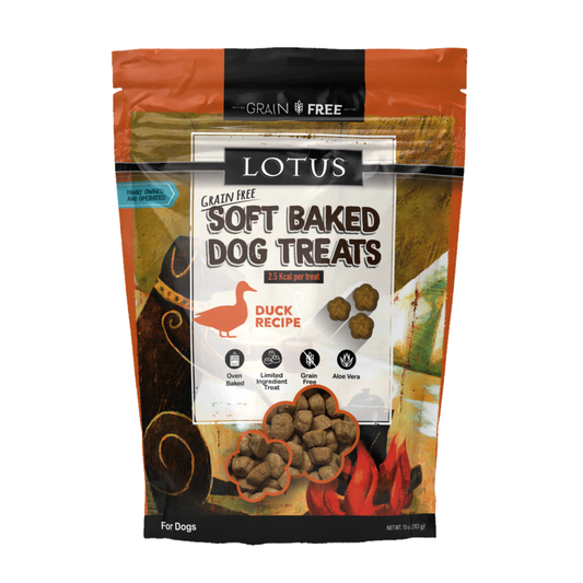 Package of Lotus Soft Baked Dog Treats with duck recipe on a white background