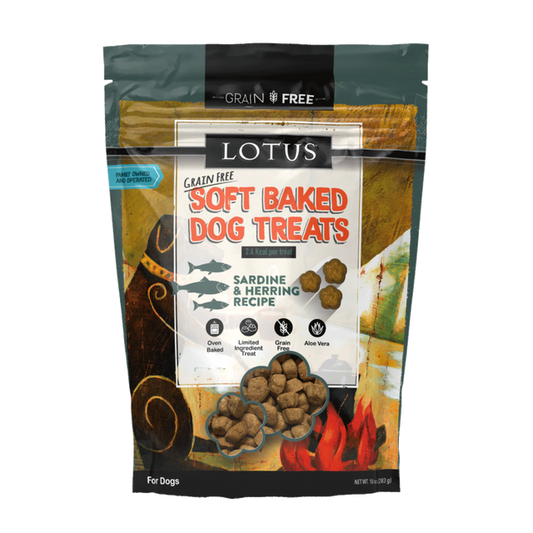 Package of Lotus Soft Baked Dog Treats with sardine and herring recipe on a white background