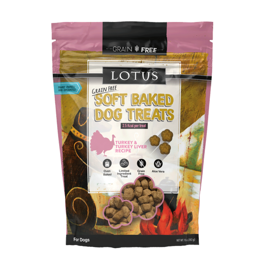 Package of Lotus Soft Baked Dog Treats on a white background