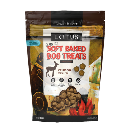 Package of Lotus Soft Baked Dog Treats with venison recipe on a white background