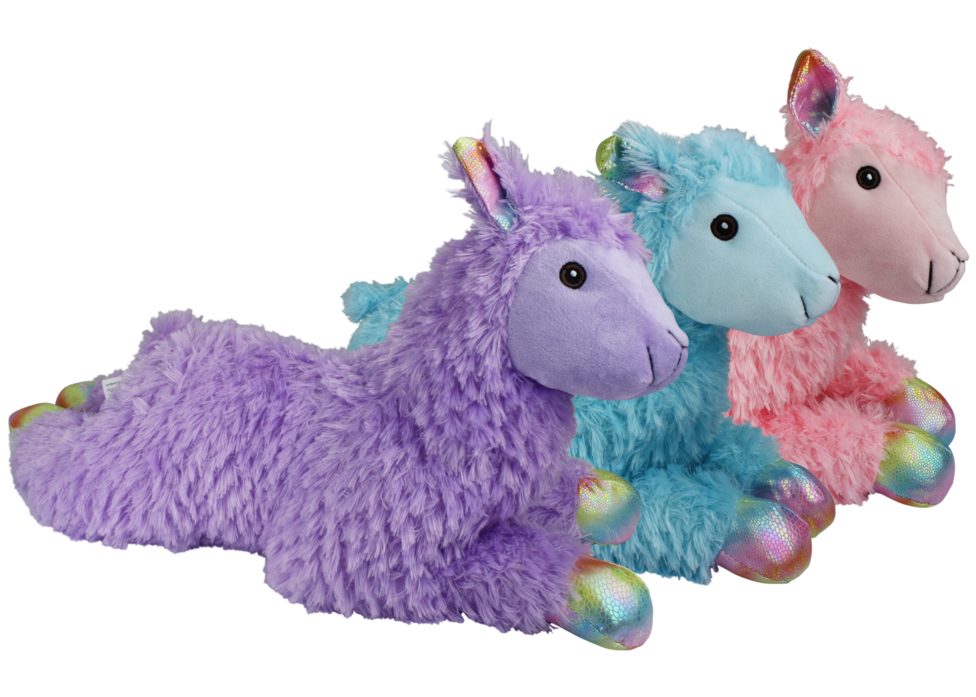 Three colorful plush toys shaped like unicorns on a white background