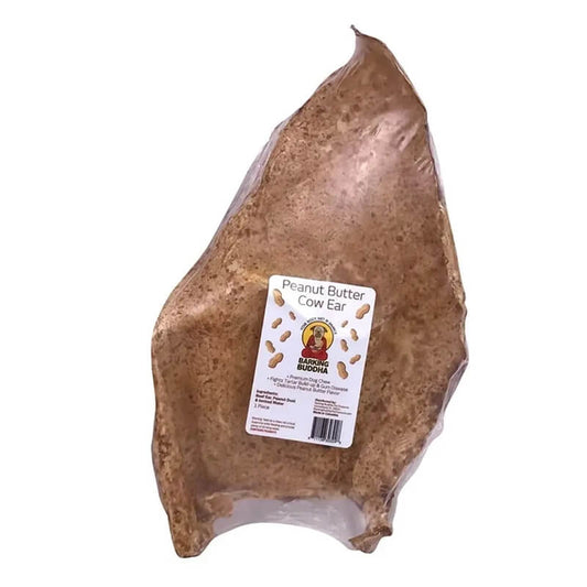 Peanut Butter Cow Ear treat with a label on a white background