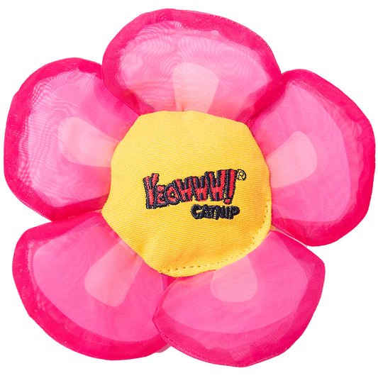 Pink flower-shaped catnip toy with a yellow center on a white background
