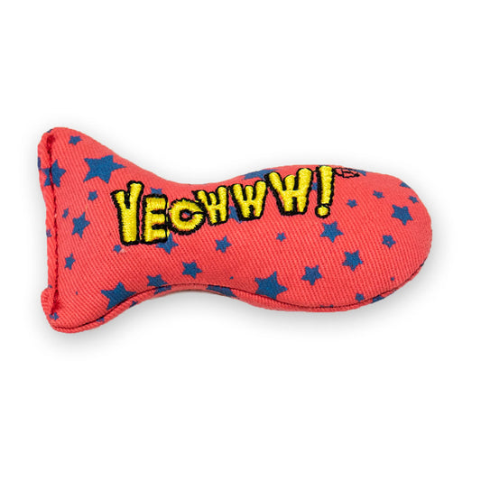 Red dog toy with blue star patterns and yellow text on a white background
