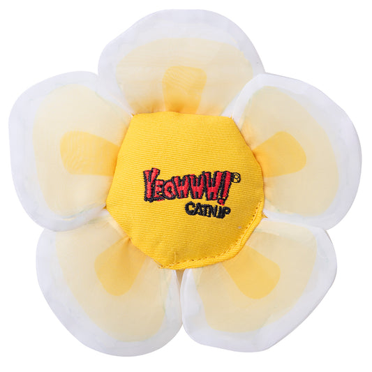 Flower-shaped catnip toy with a yellow center and 'Yeehaw!' branding on a white background