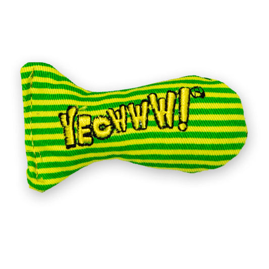 Green and yellow striped dog toy with 'YEOWWW!' text on a white background