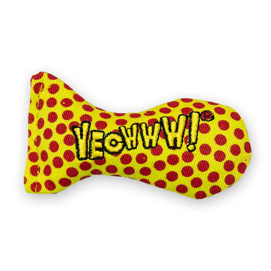 Yellow dog toy with red polka dots and 'YEOWWW!' text on a white background