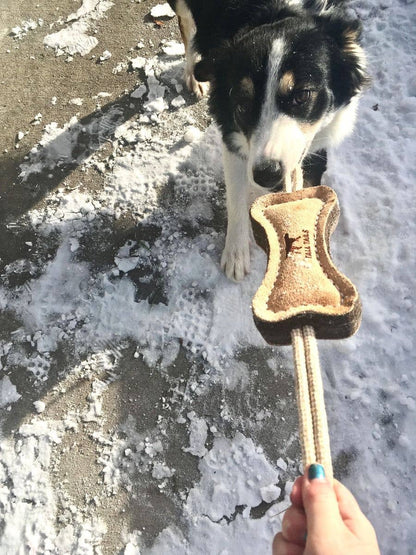 TALL TAILS NATURAL LEATHER & WOOL BONE TUG DOG TOY, LARGE