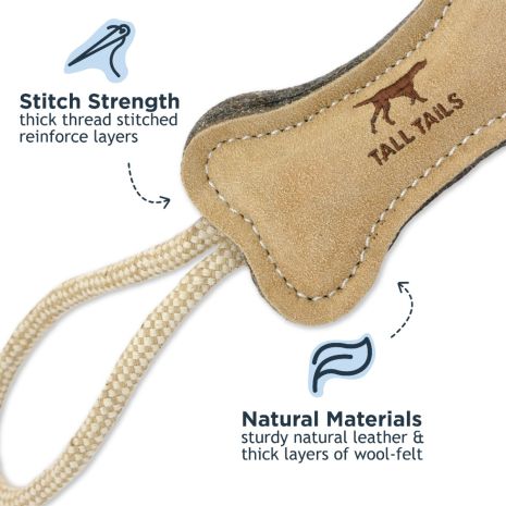 TALL TAILS NATURAL LEATHER & WOOL BONE TUG DOG TOY, LARGE