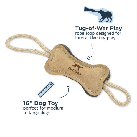 TALL TAILS NATURAL LEATHER & WOOL BONE TUG DOG TOY, LARGE