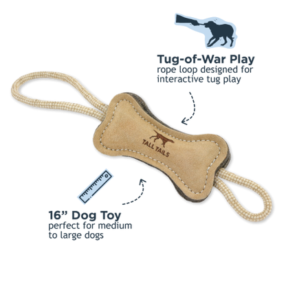 TALL TAILS NATURAL LEATHER & WOOL BONE TUG DOG TOY, LARGE